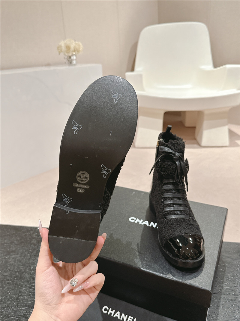 Ch**el patent leather black wool lace-up boot