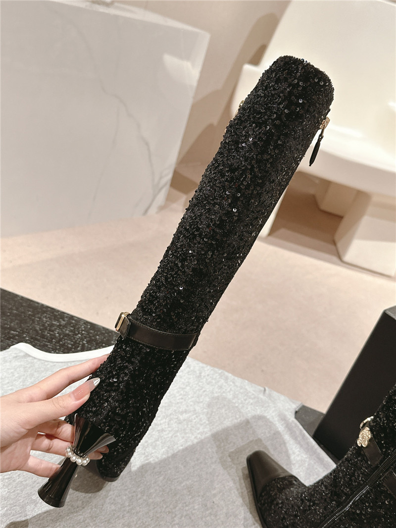 Ch**el sequin calfskin over-the-knee heel boots