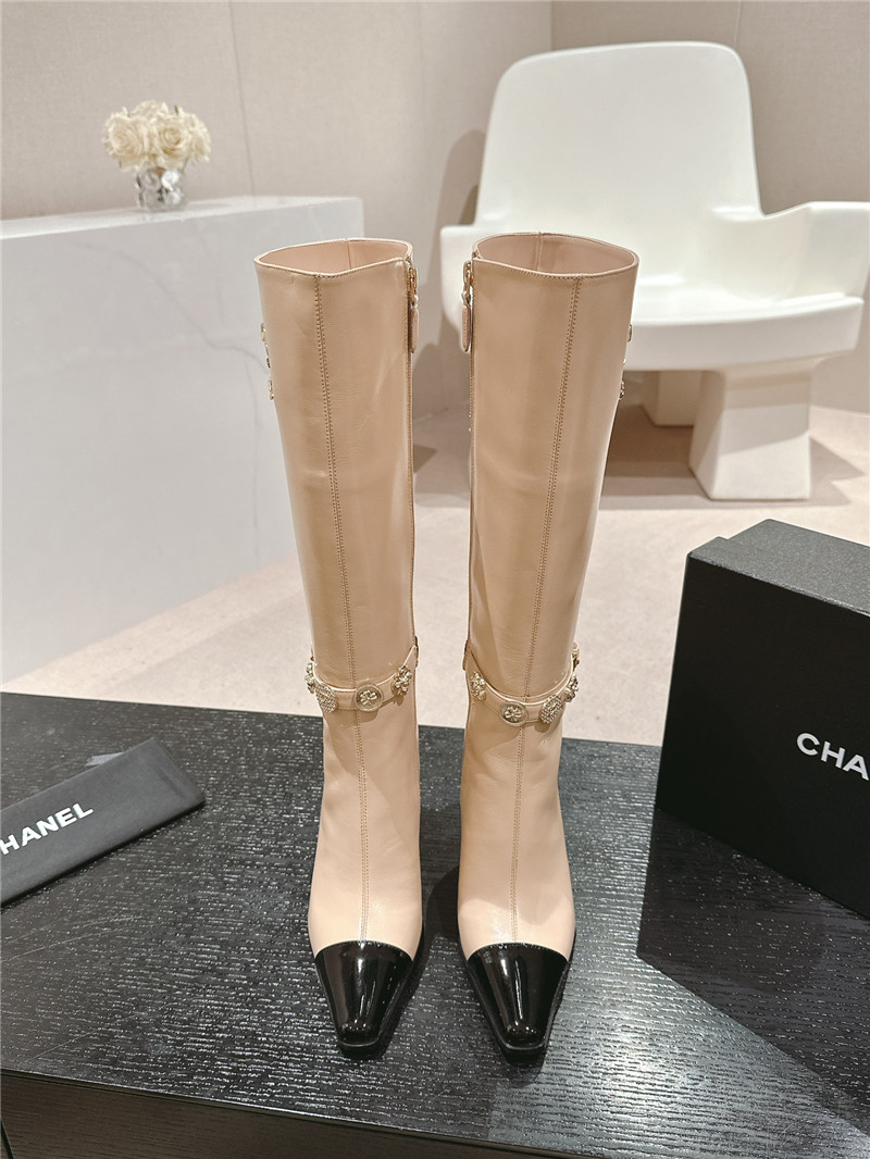 Ch**el beige calfskin over-the-knee heel boots