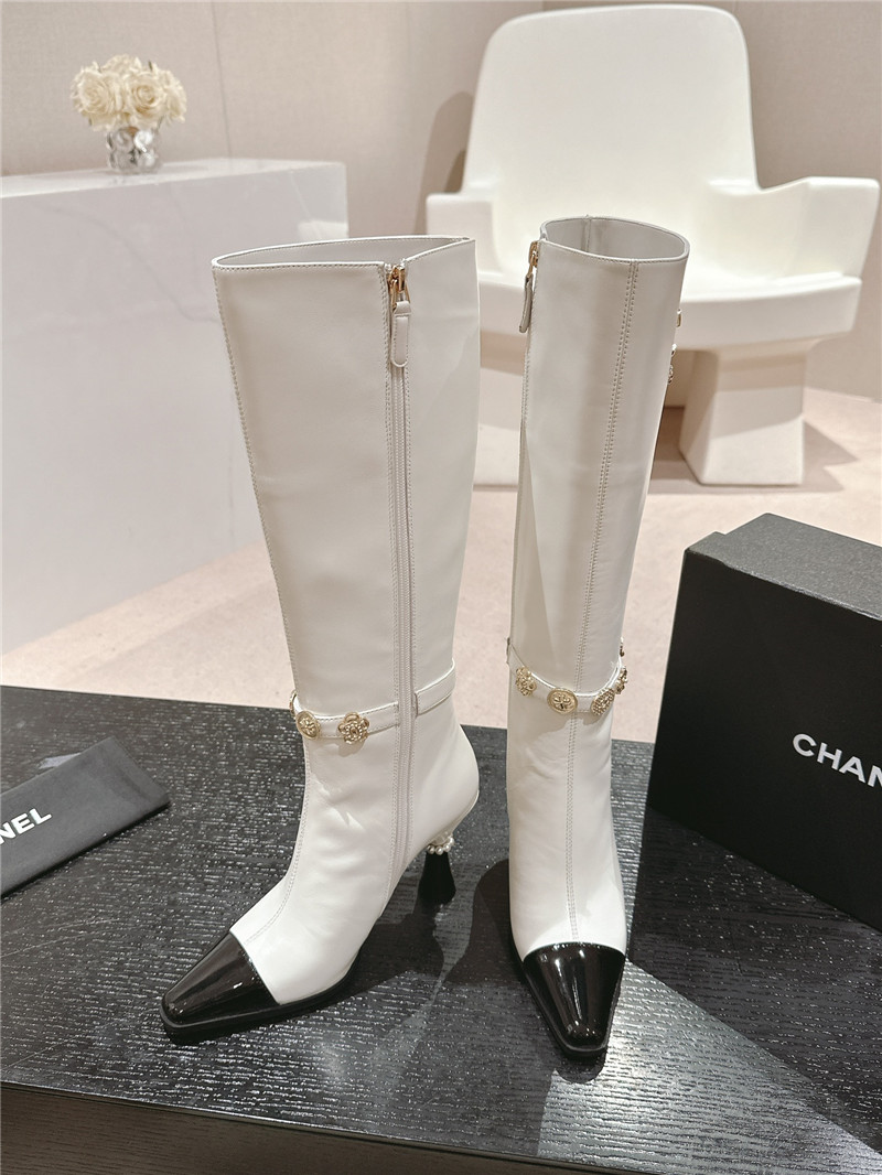 Ch**el white calfskin over-the-knee heel boots