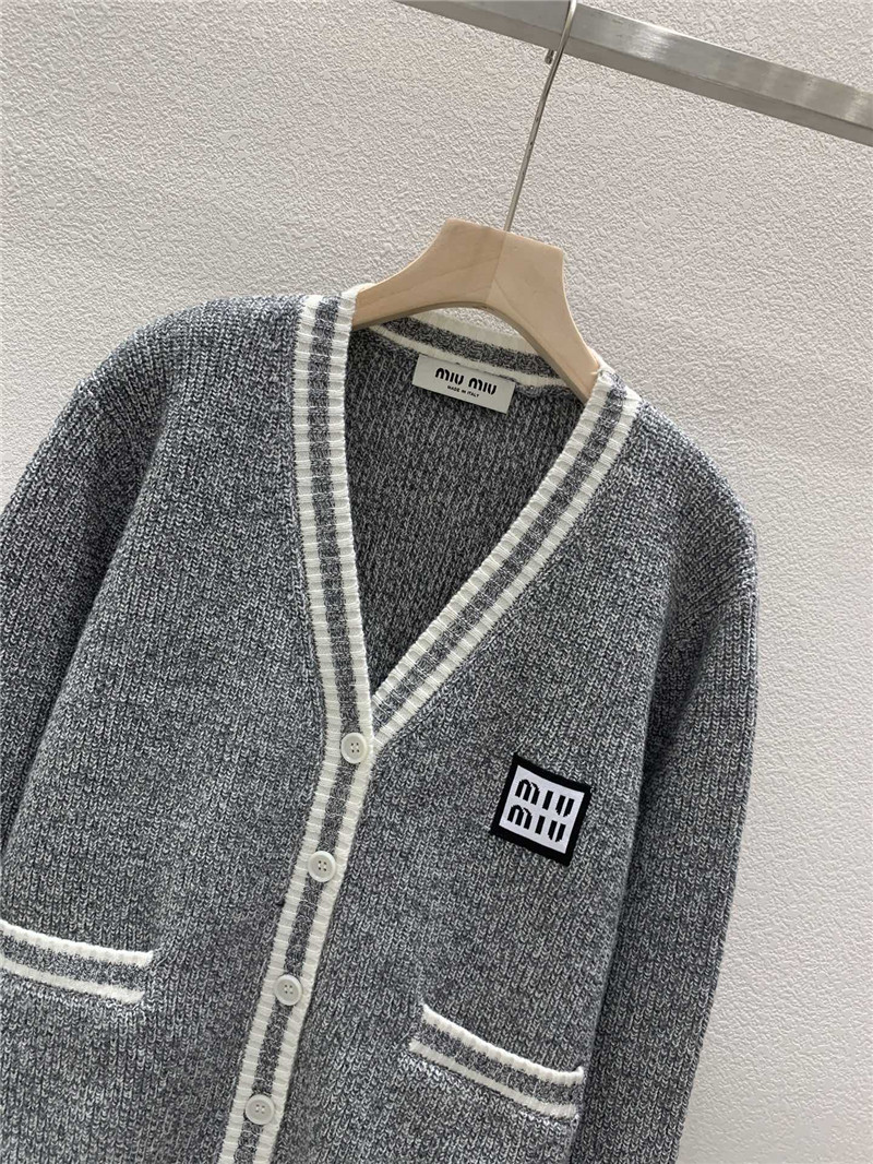 Miu Miu Trim V-Neck Rib Knit Cardigan Grey