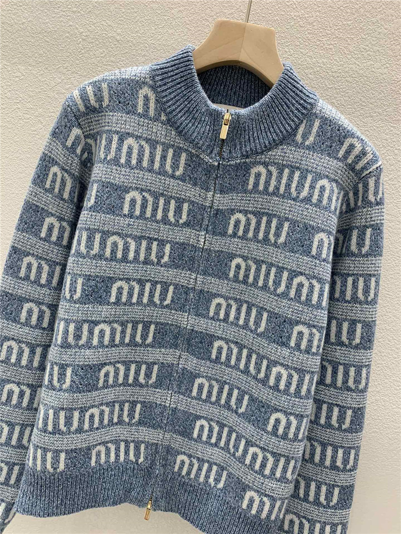 Miu Miu Logo-Intarsia Zip-Up Cardigan in Blue
