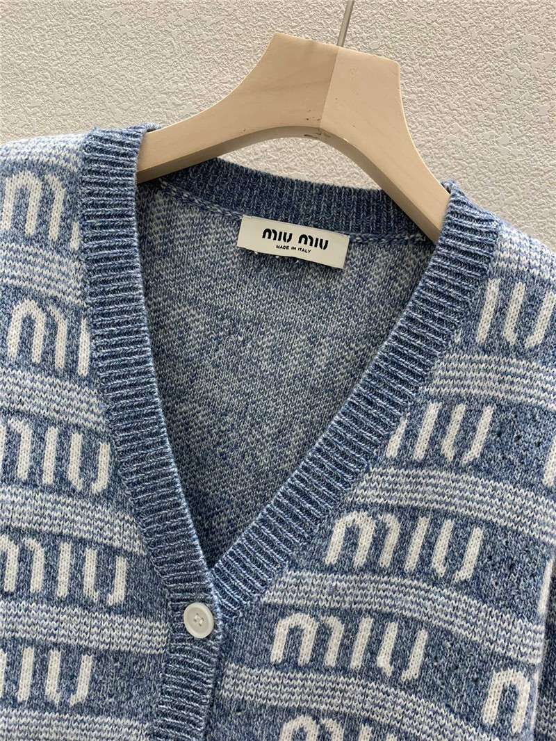Miu Miu Logo-Intarsia Wool Cardigan in Blue