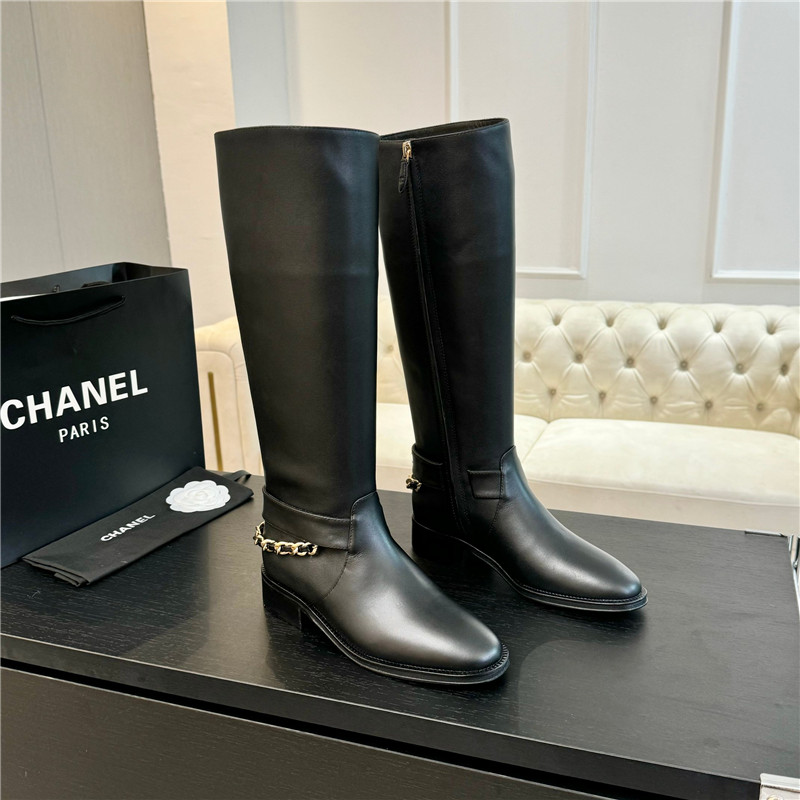 Ch**el calfskin metal chain knee high boots