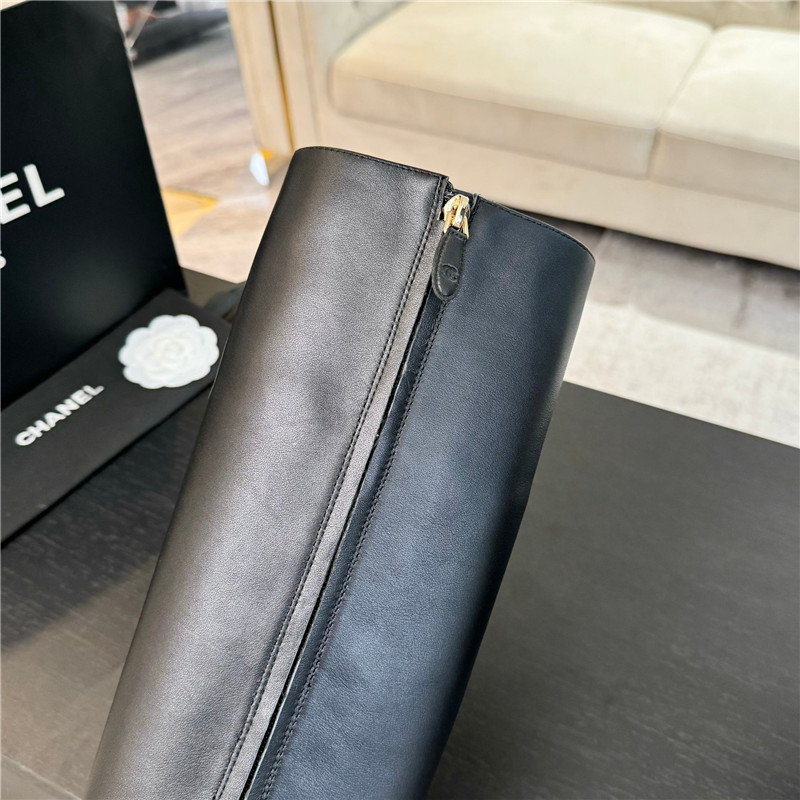 Ch**el calfskin metal chain knee high boots