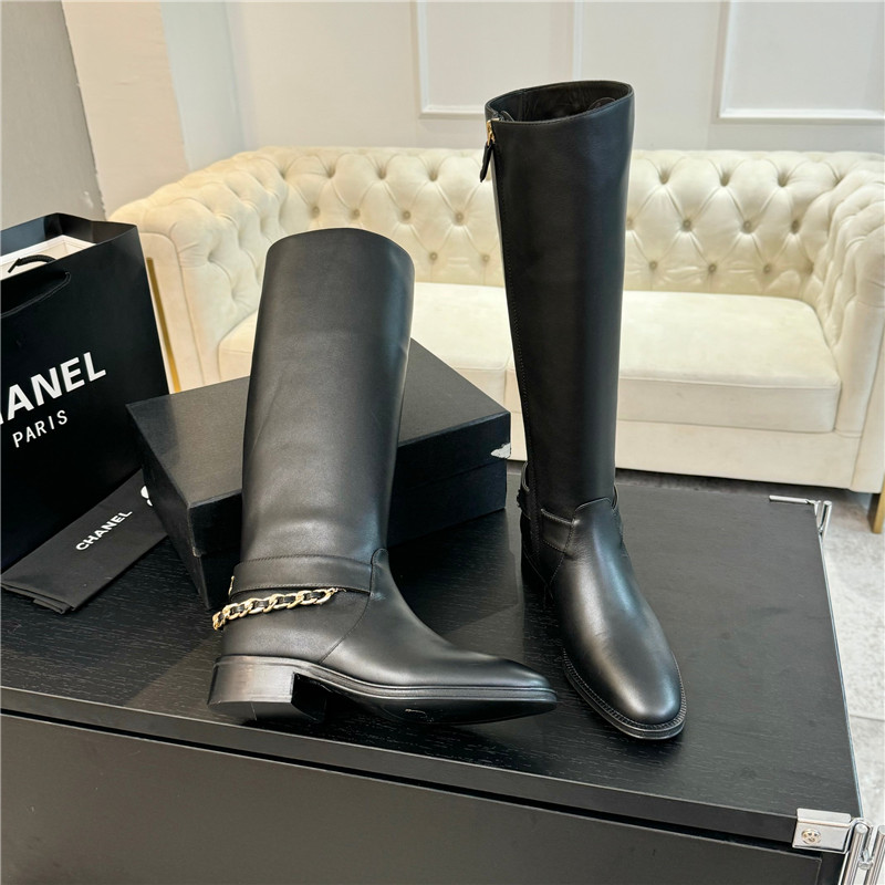 Ch**el calfskin metal chain knee high boots