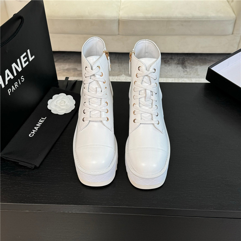 Ch**el white lambskin quilted lace-up wedge ankle boots