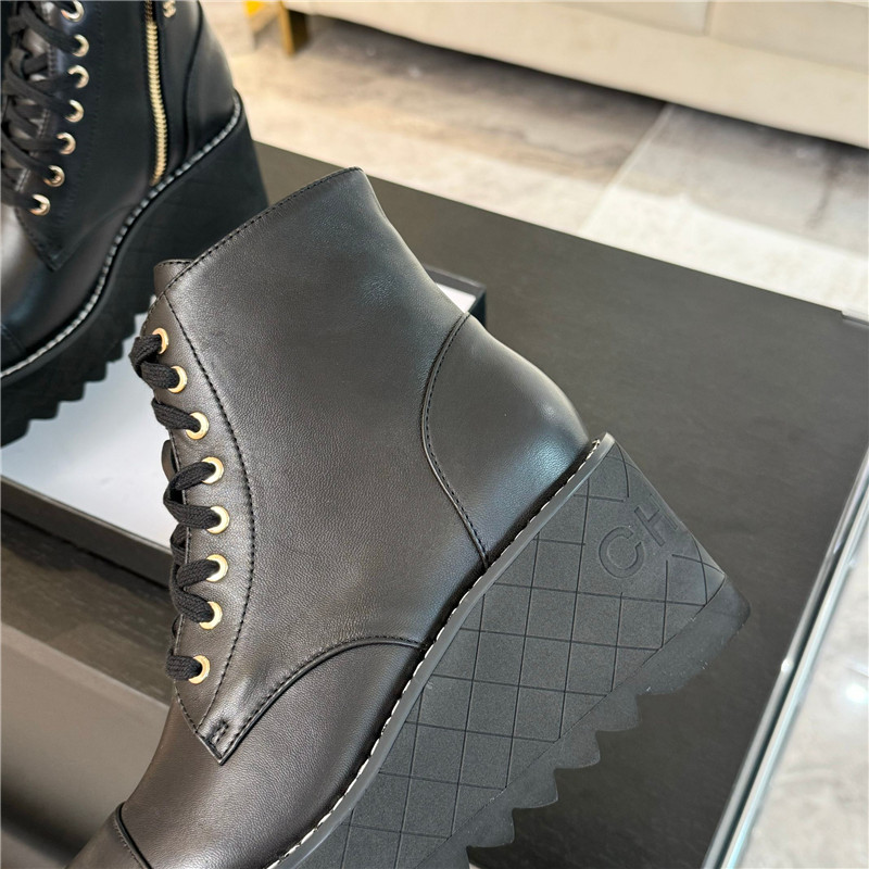 Ch**el black lambskin quilted lace-up wedge ankle boots