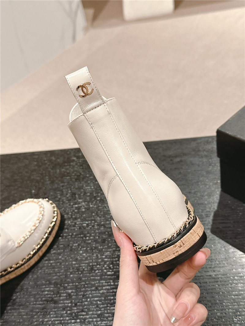 Ch**el lace-up calfskin flat ankle boots in white