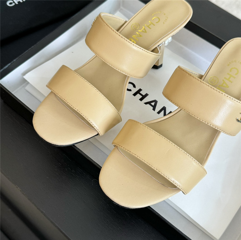 Ch**el pearl heel nude smooth leather mules