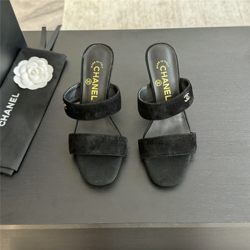 Ch**el pearl heel black suede mules