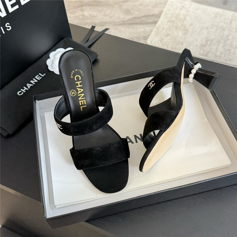 Ch**el pearl heel black suede mules
