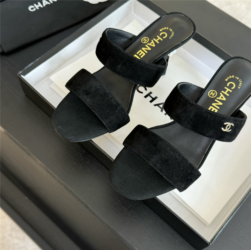 Ch**el pearl heel black suede mules