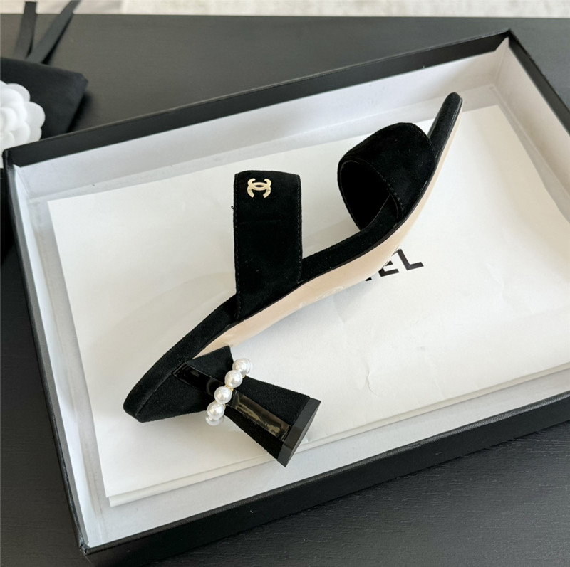 Ch**el pearl heel black suede mules