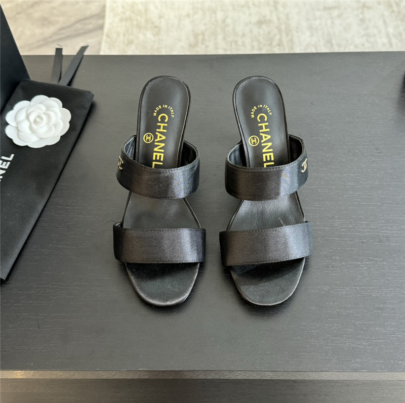 Ch**el pearl heel black satin leather mules