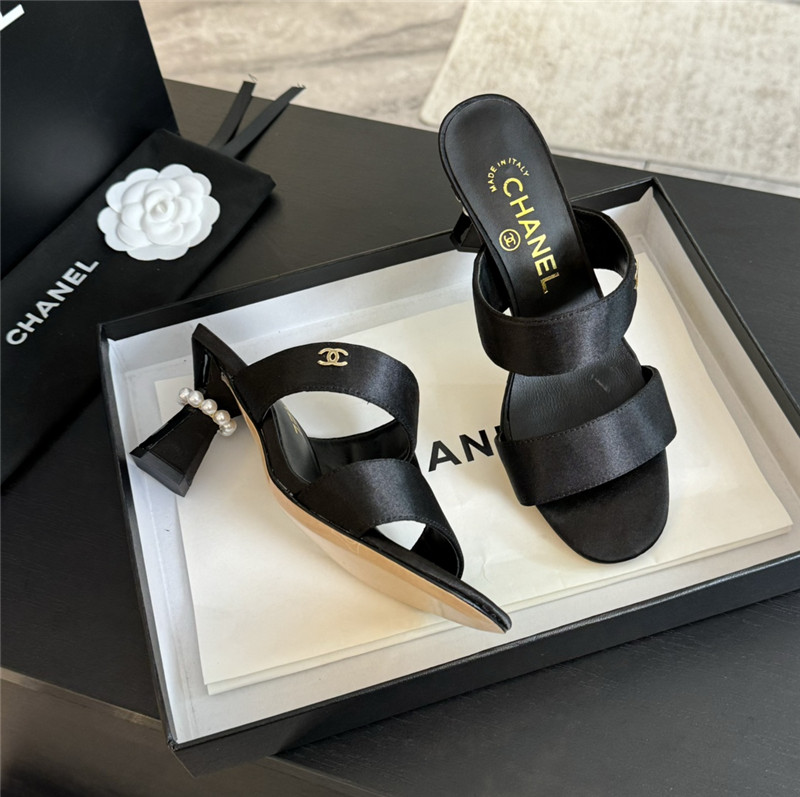 Ch**el pearl heel black satin leather mules
