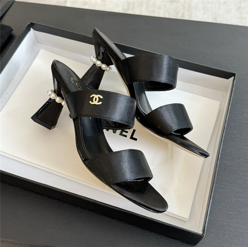 Ch**el pearl heel black satin leather mules