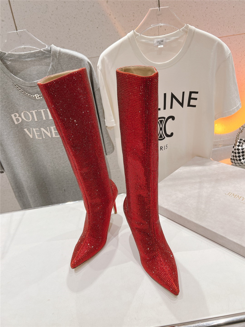 J1m*y Ch00 red rhinestone knee high boots