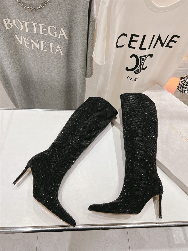 J1m*y Ch00 black rhinestone knee high boots