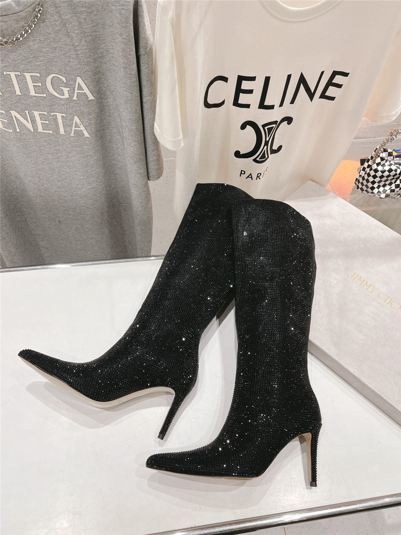 J1m*y Ch00 black rhinestone knee high boots
