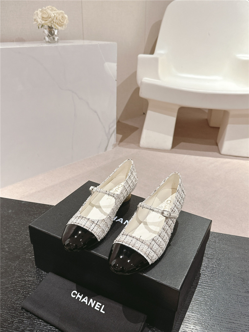 Ch**el natural/black mary janes check tweed & calfskin