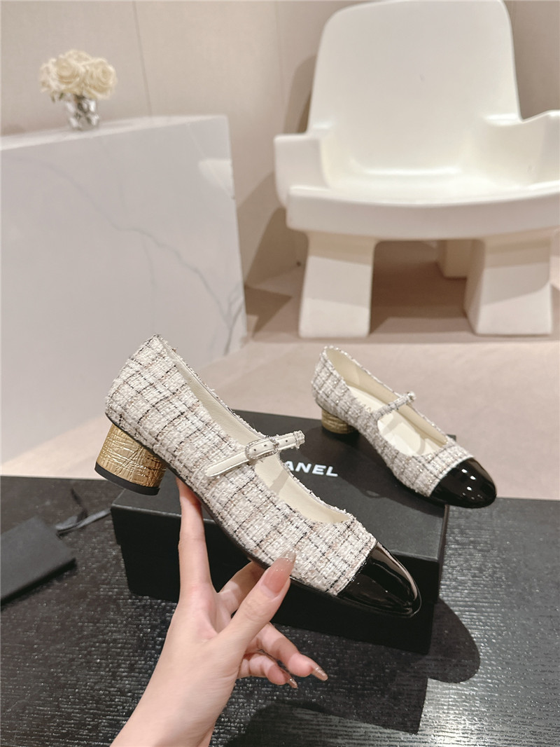 Ch**el natural/black mary janes check tweed & calfskin