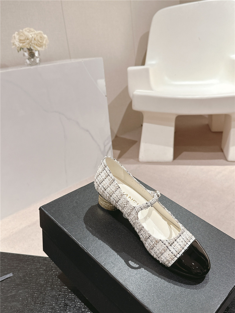Ch**el natural/black mary janes check tweed & calfskin