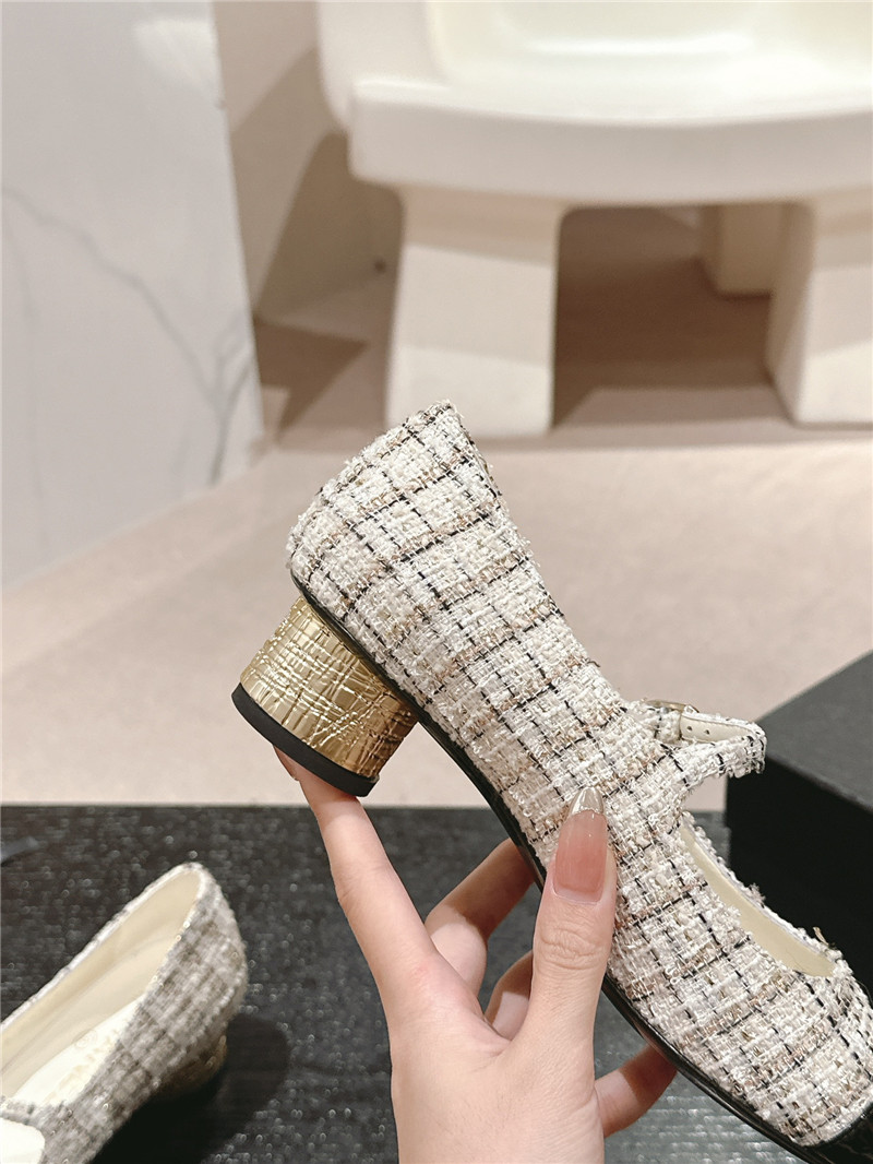 Ch**el natural/black mary janes check tweed & calfskin