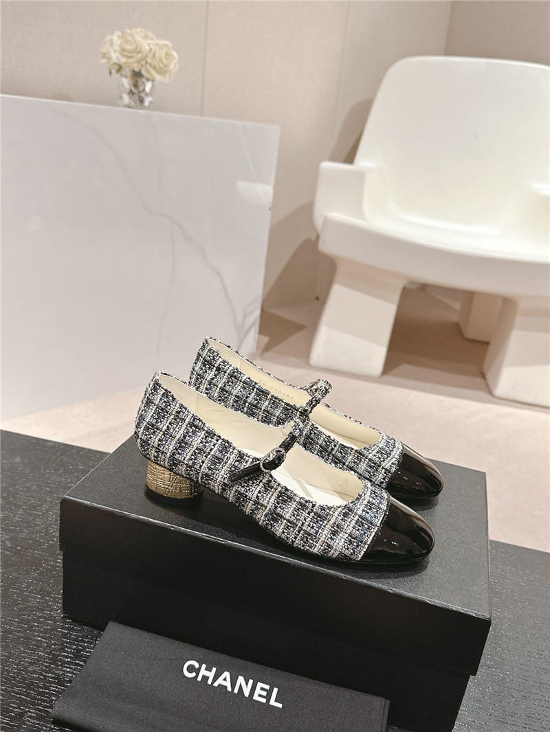 Ch**el black/white mary janes check tweed & calfskin