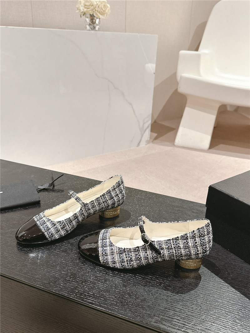 Ch**el black/white mary janes check tweed & calfskin