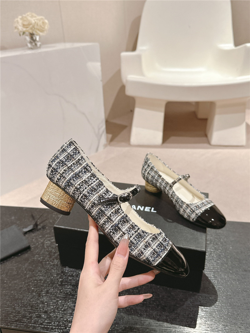Ch**el black/white mary janes check tweed & calfskin