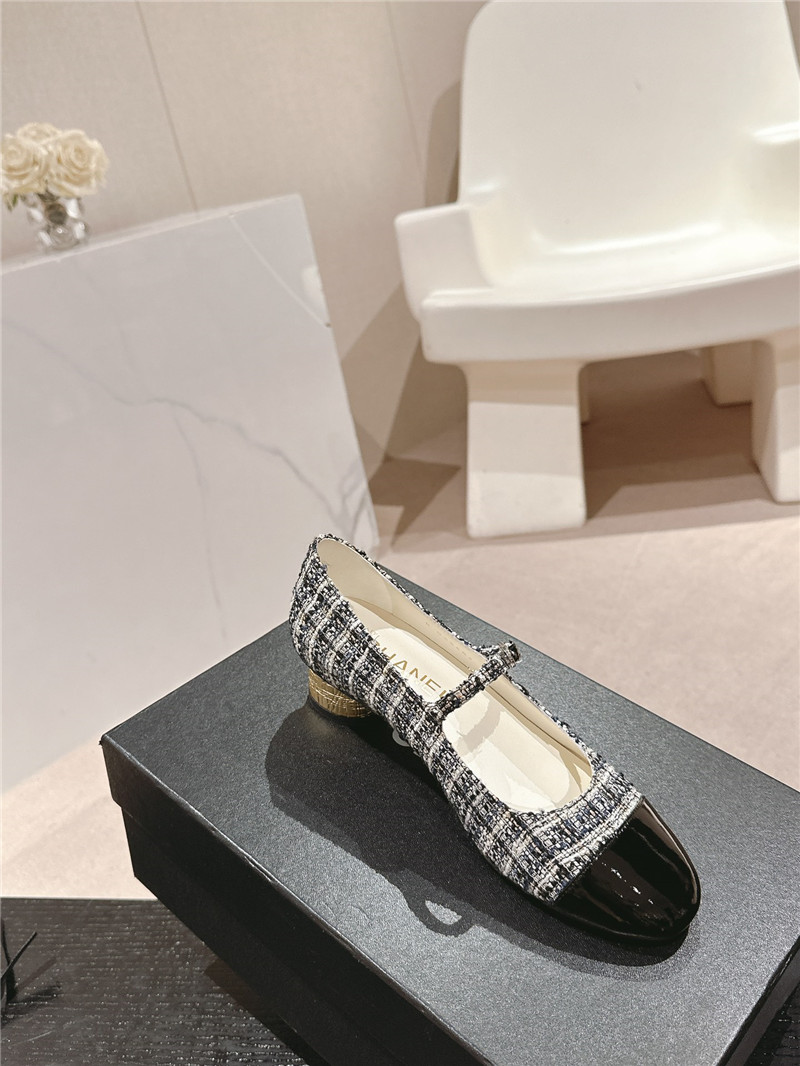 Ch**el black/white mary janes check tweed & calfskin