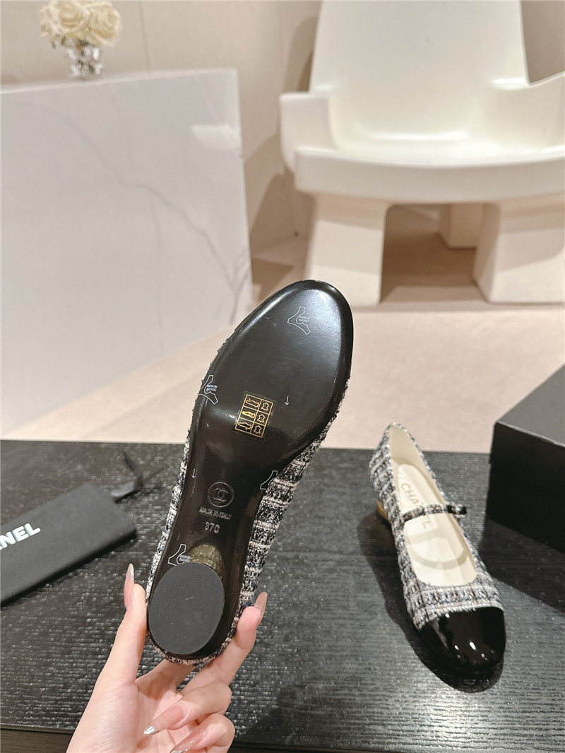 Ch**el black/white mary janes check tweed & calfskin