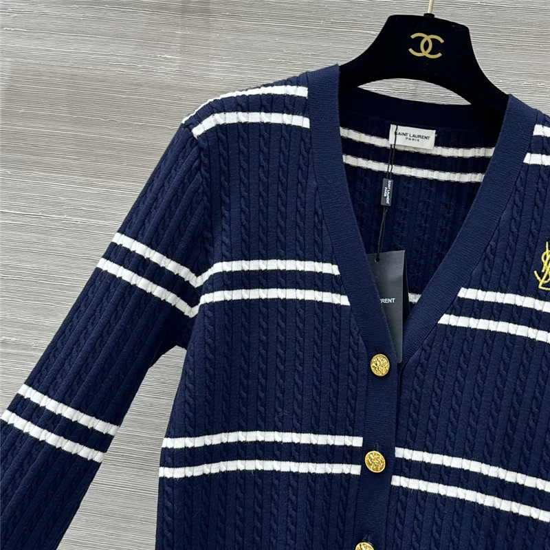 Y51 logo stripe cable knit cardigan in navy