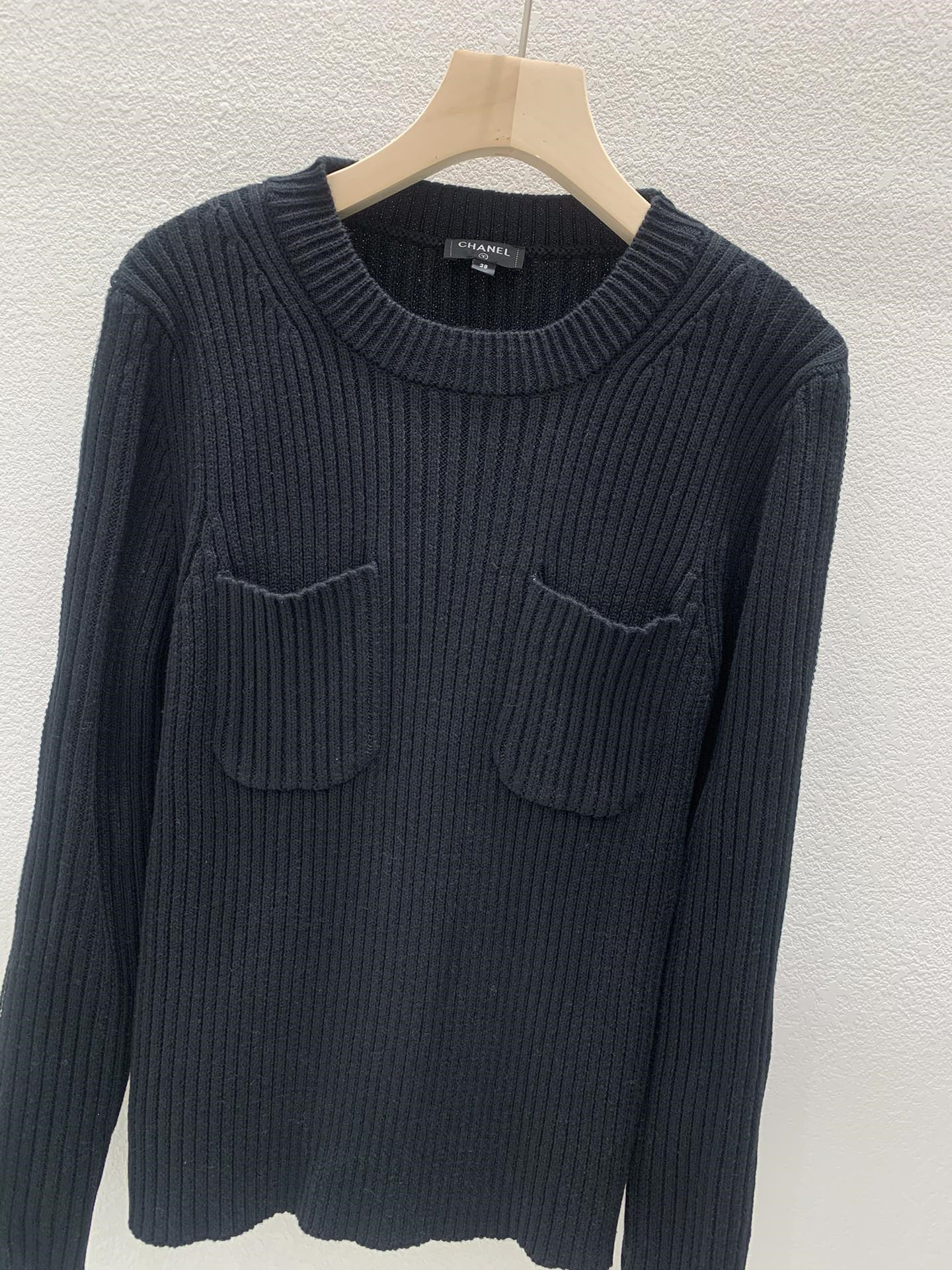 Ch**el zipper trim rib-knit sweater black