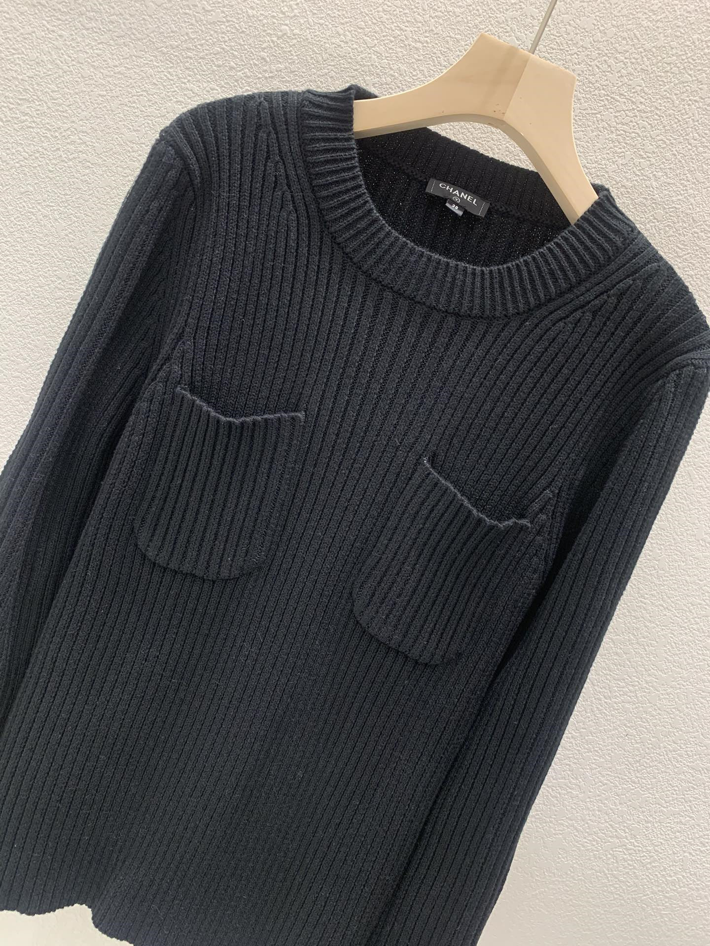 Ch**el zipper trim rib-knit sweater black