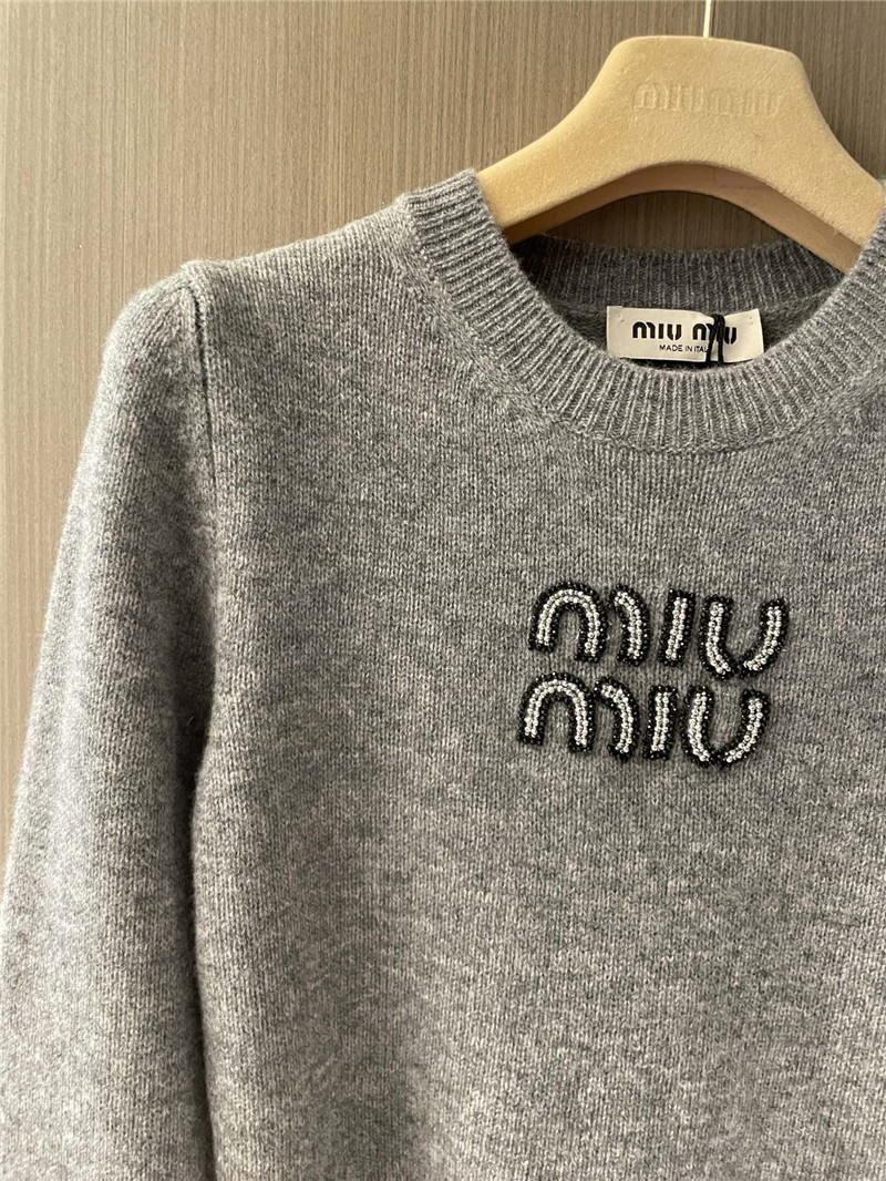 Miu Miu Cropped Sweater with Rhinestones Grey