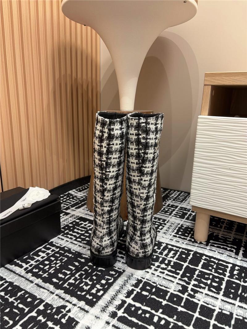 Ch**el tweed black white check high boots