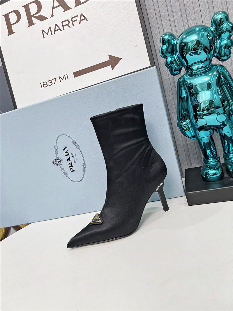 Pra*a black satin knee high heel boots