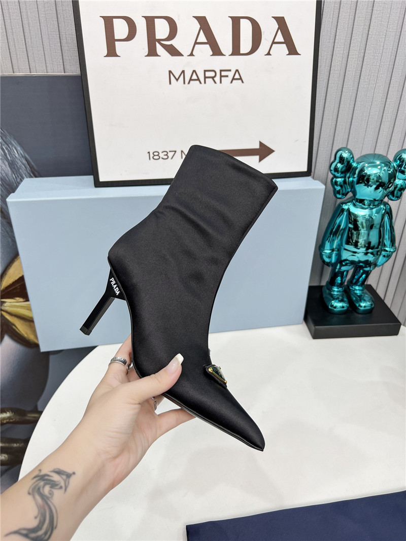 Pra*a black satin knee high heel boots