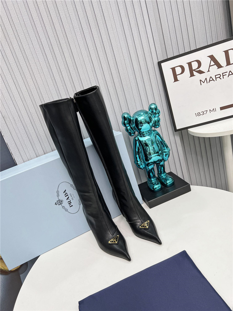 Pra*a black calfskin heel knee high boots