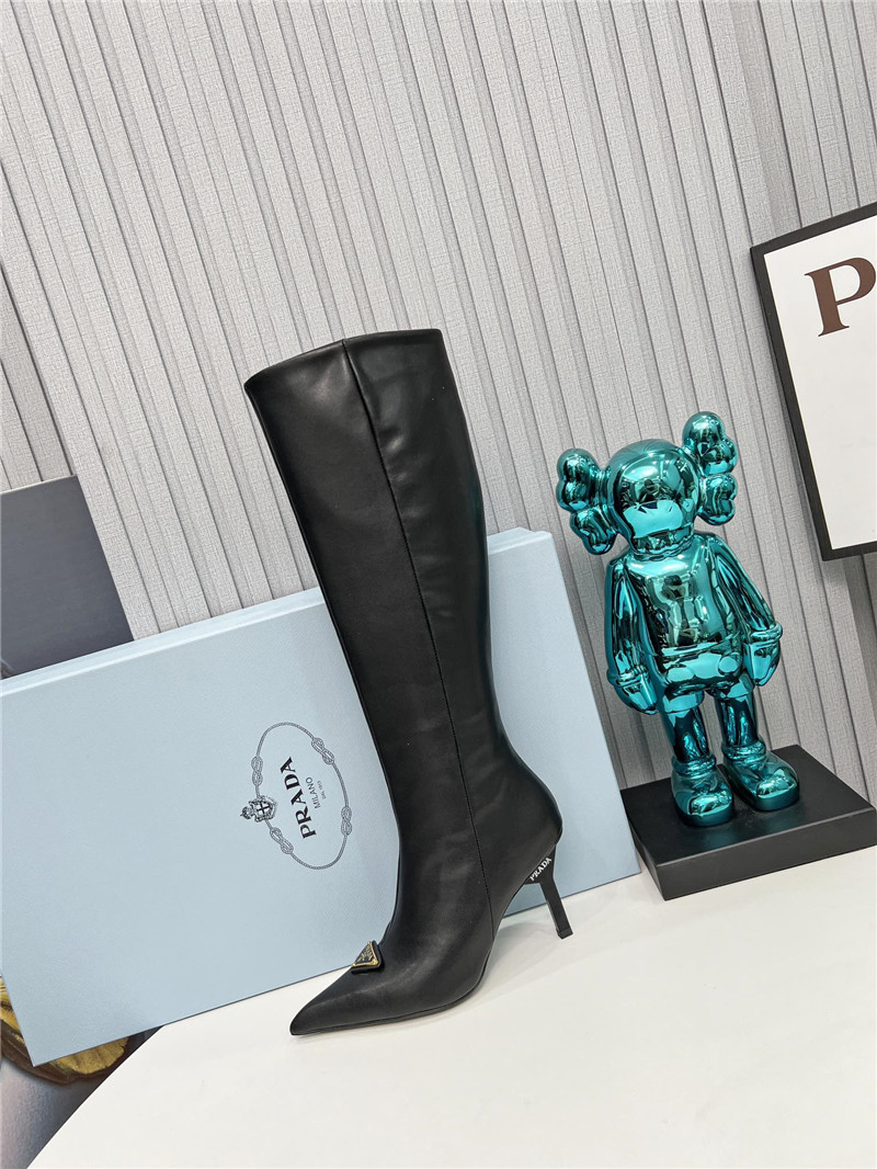 Pra*a black calfskin heel knee high boots