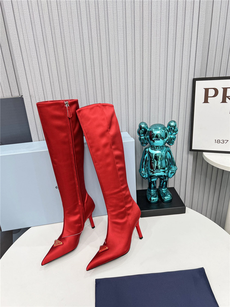 Pra*a red satin knee high heel boots