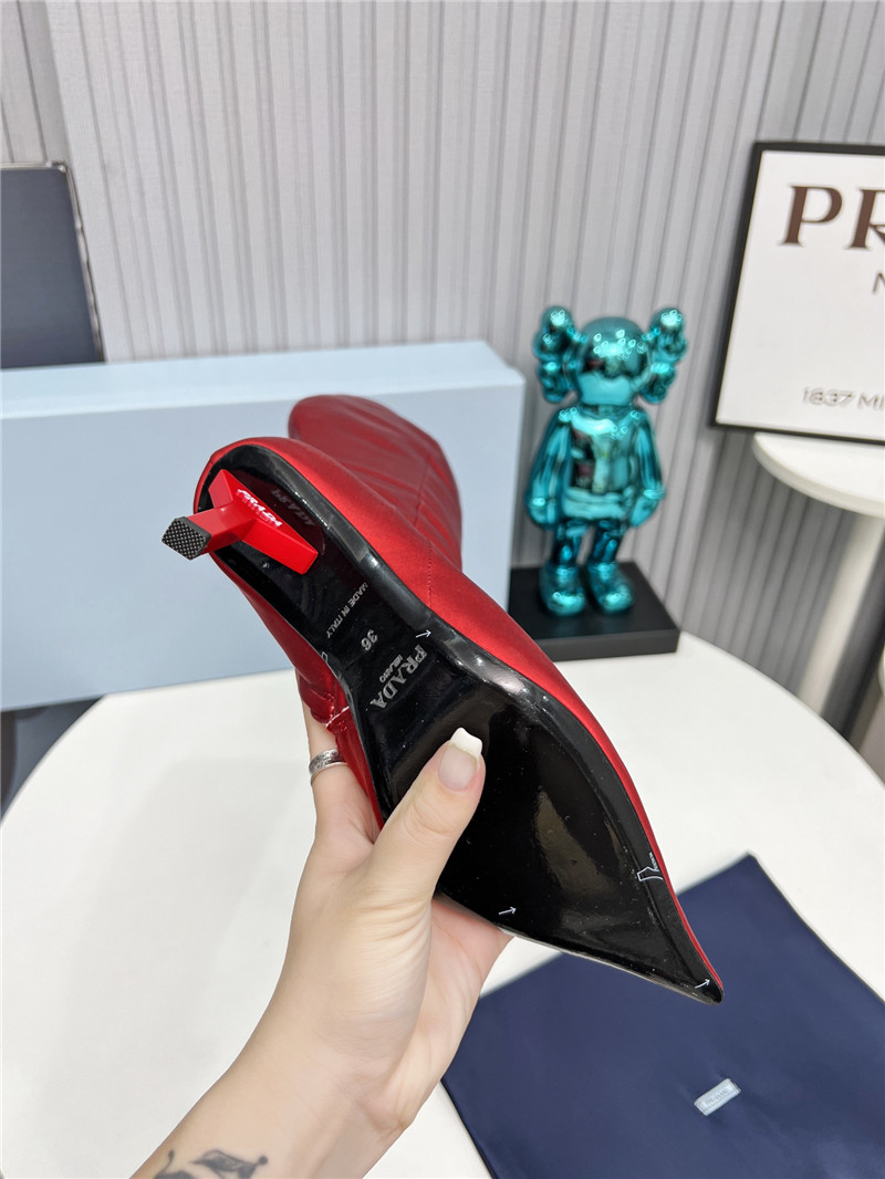 Pra*a red satin knee high heel boots