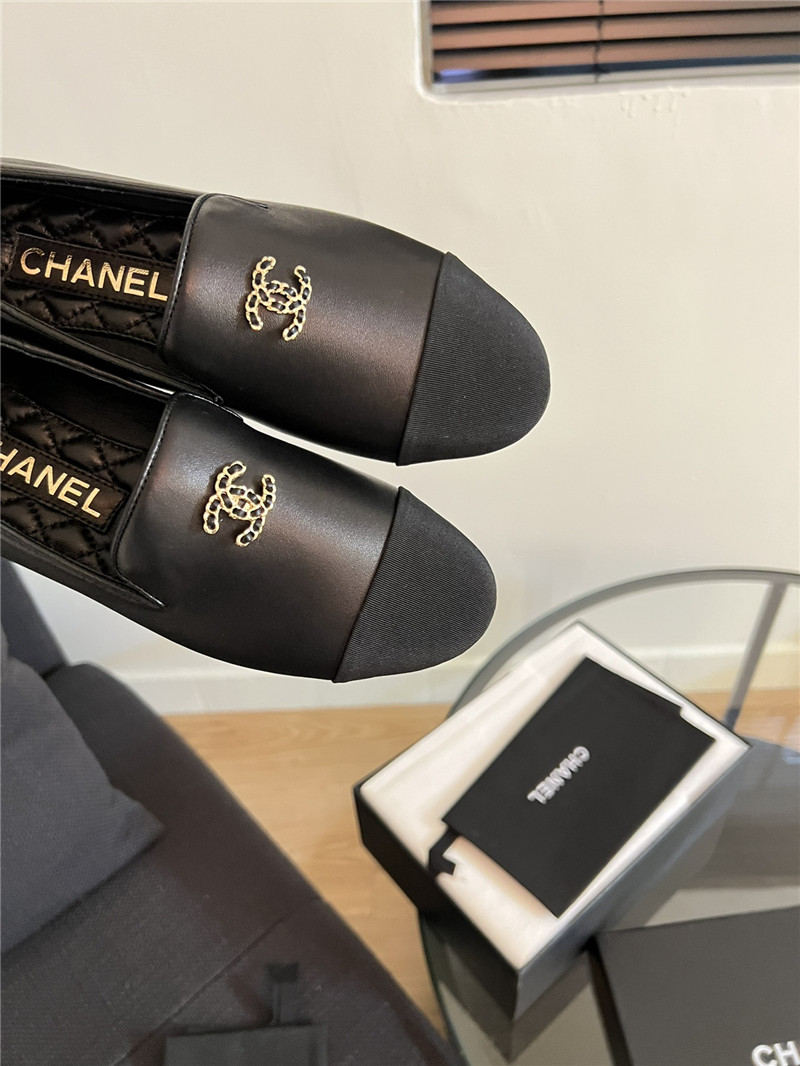 Ch**el cap-toe black satin moccasin loafers