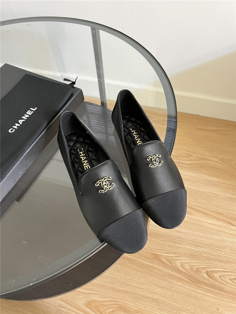 Ch**el cap-toe black satin moccasin loafers