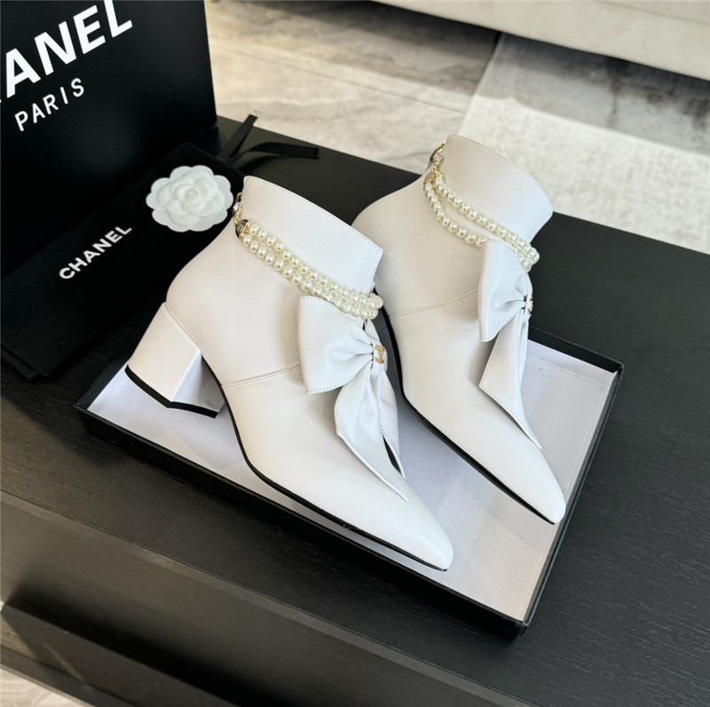 Ch**el pointed toe pearl bow ankle boots