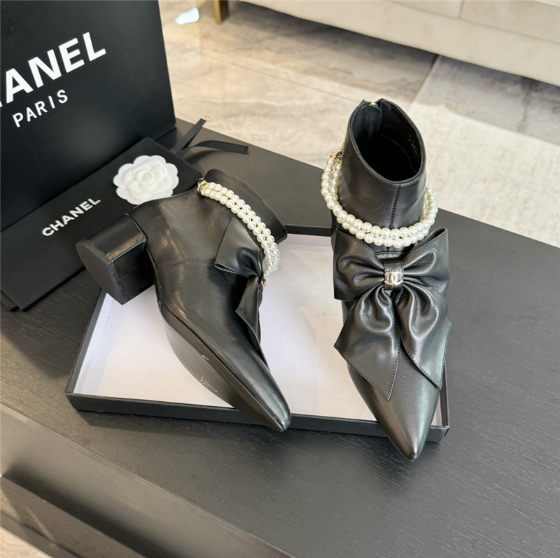Ch**el black pointed toe pearl bow ankle boots