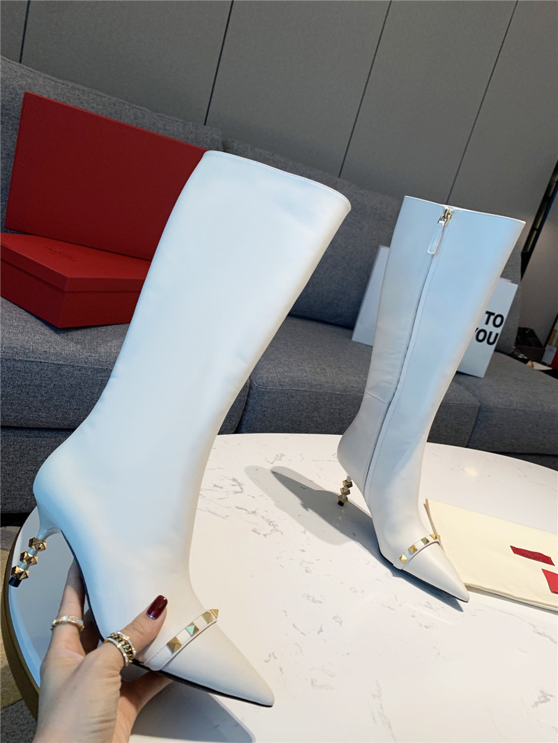 Va1e*ntin0 studded heeled white calfskin knee-high boots