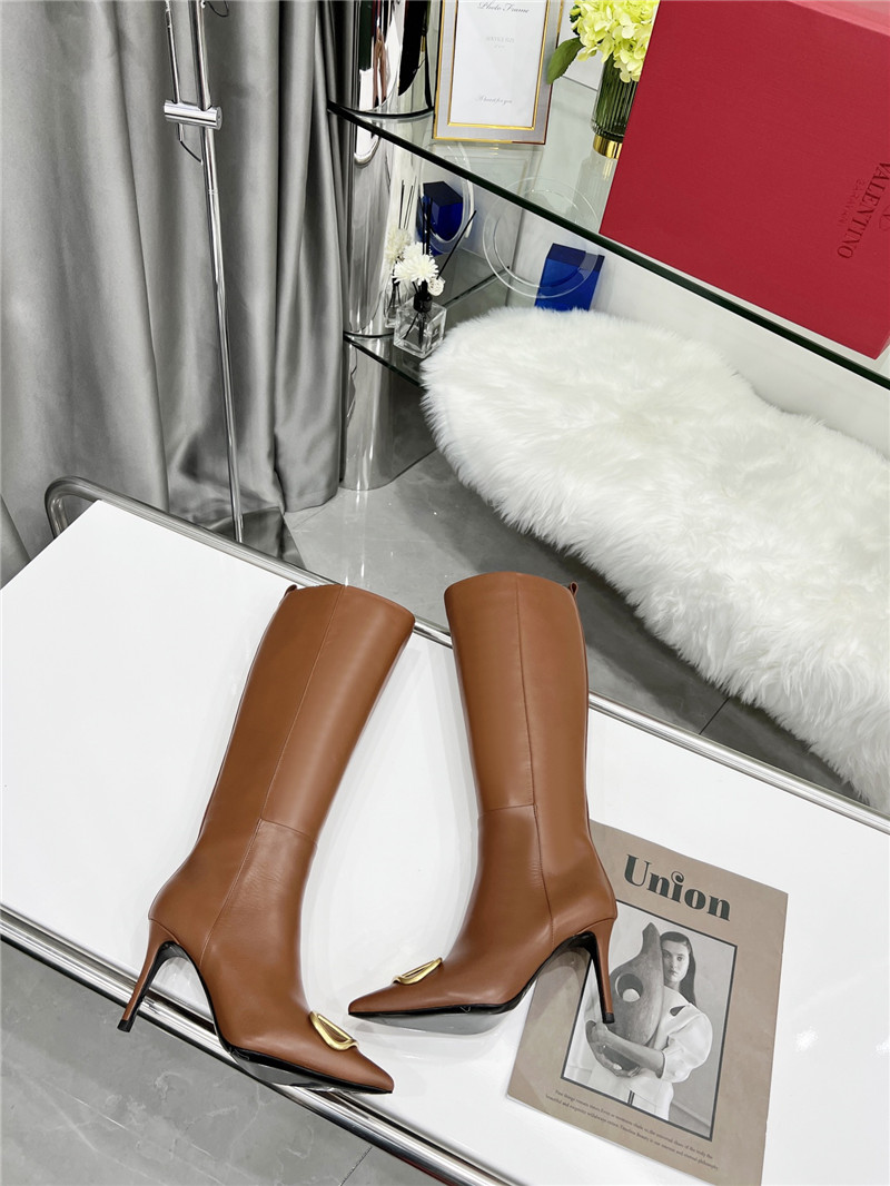 Va1e*ntin0 vlogo heeled brown calfskin knee-high boots